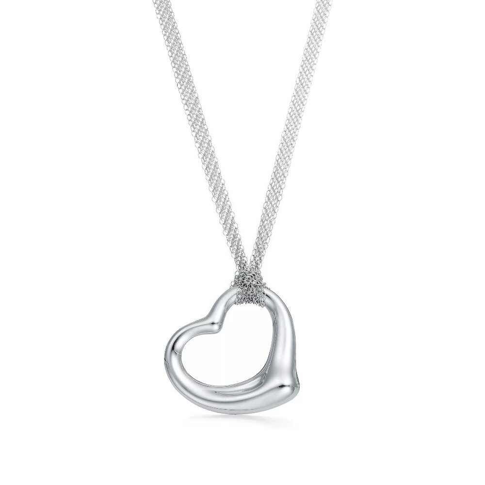 Authentic Tiffany Elsa Peretti Open Heart Pendant on mesh chain, silver